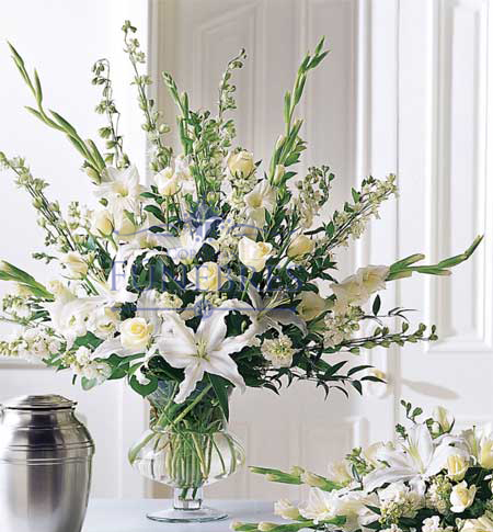 Arreglo Fúnebre de rosas, lilis y gladiolas LUZ - Arreglos Funerarios |  Coronas Condolencias | Cruz de condolencias | Cubre caja de flores |