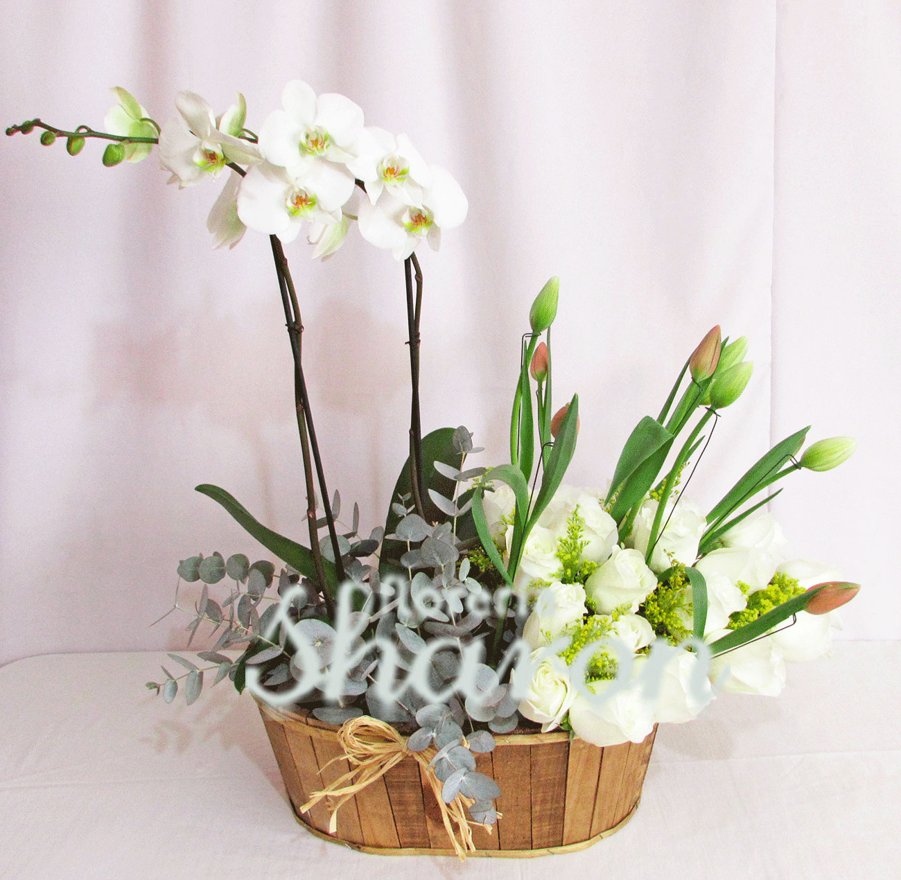 Arreglo funerario Orquídeas y Tulipanes Fiorella - Arreglos Funerarios |  Coronas Condolencias | Cruz de condolencias | Cubre caja de flores |